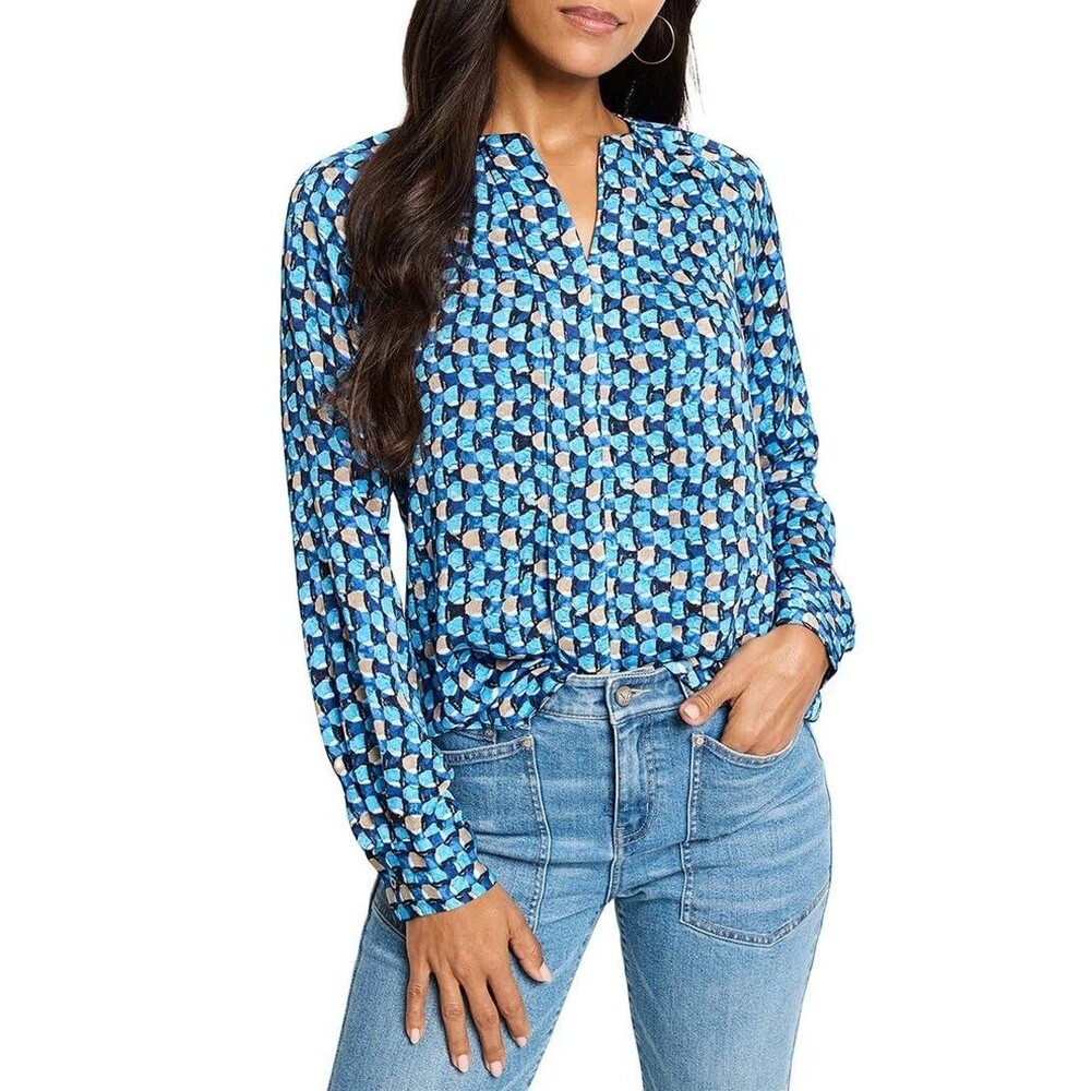 NIC+ZOE Prism Glow Blouse L Blue Round Neck Long Sleeve Geometric Print Top